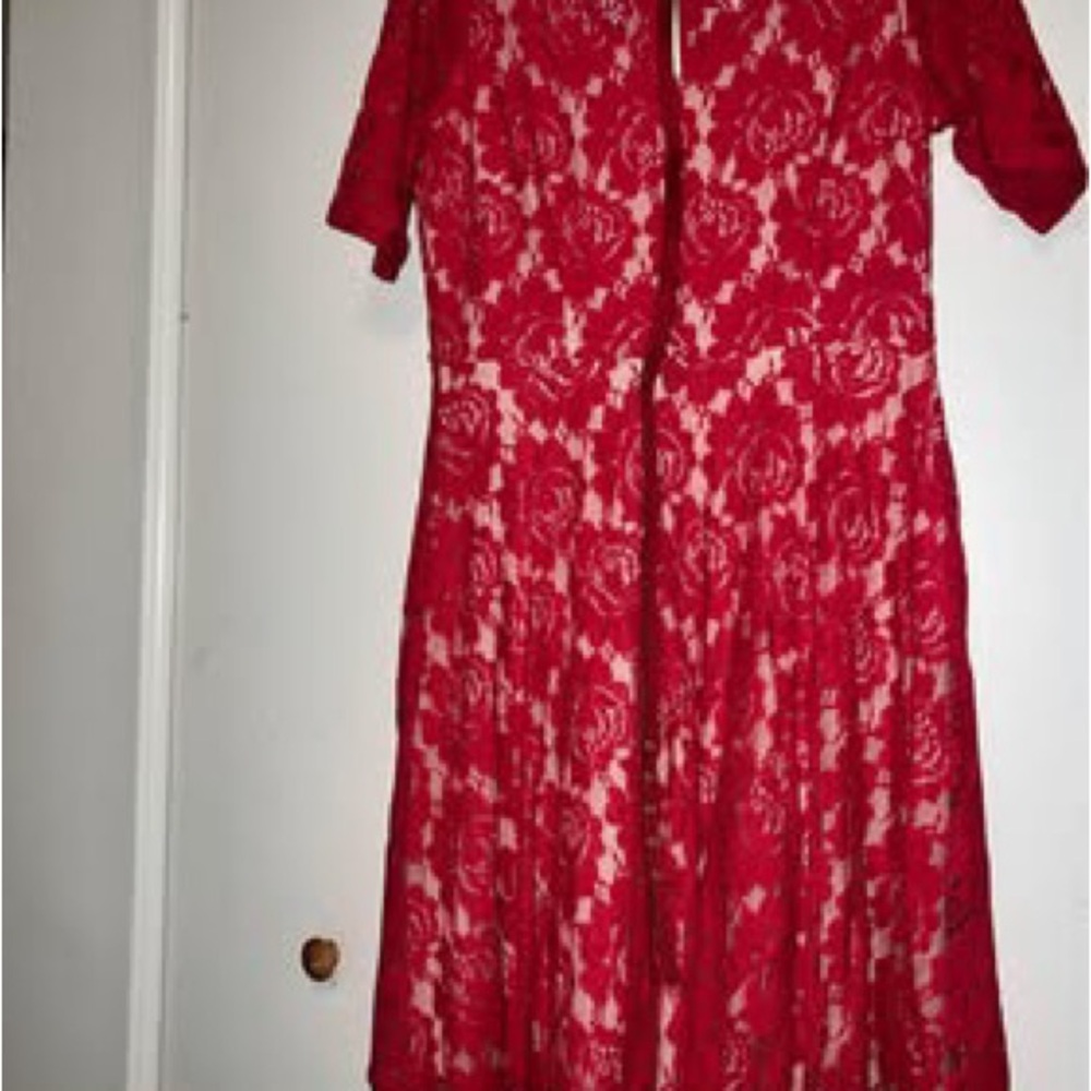 Red lace dress with nude slip